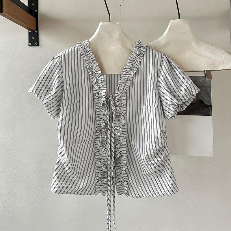 VONDA Women Puff Short Sleeve Bow Knot Striped Casual Ruffled Blouse Tops