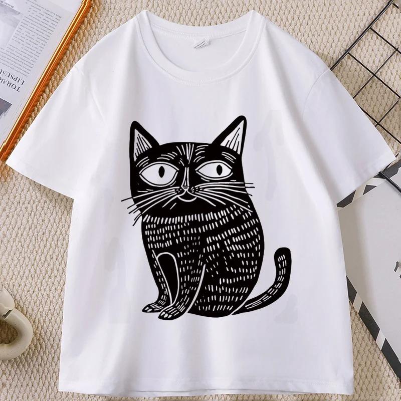 Cute Cat Sketch T Shirt Minimalist Line Art Print Tee Casual Summer Casual Neutral Clothing for Cat Obsessed Fashionistas S