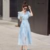 Summer New Fashion V-neck Lady Temperament Waist Thin Design Bubble Sleeve Dress Women