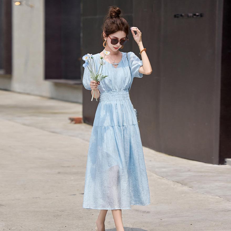 Summer new fashion V-neck lady temperament waist thin design bubble sleeve dress women