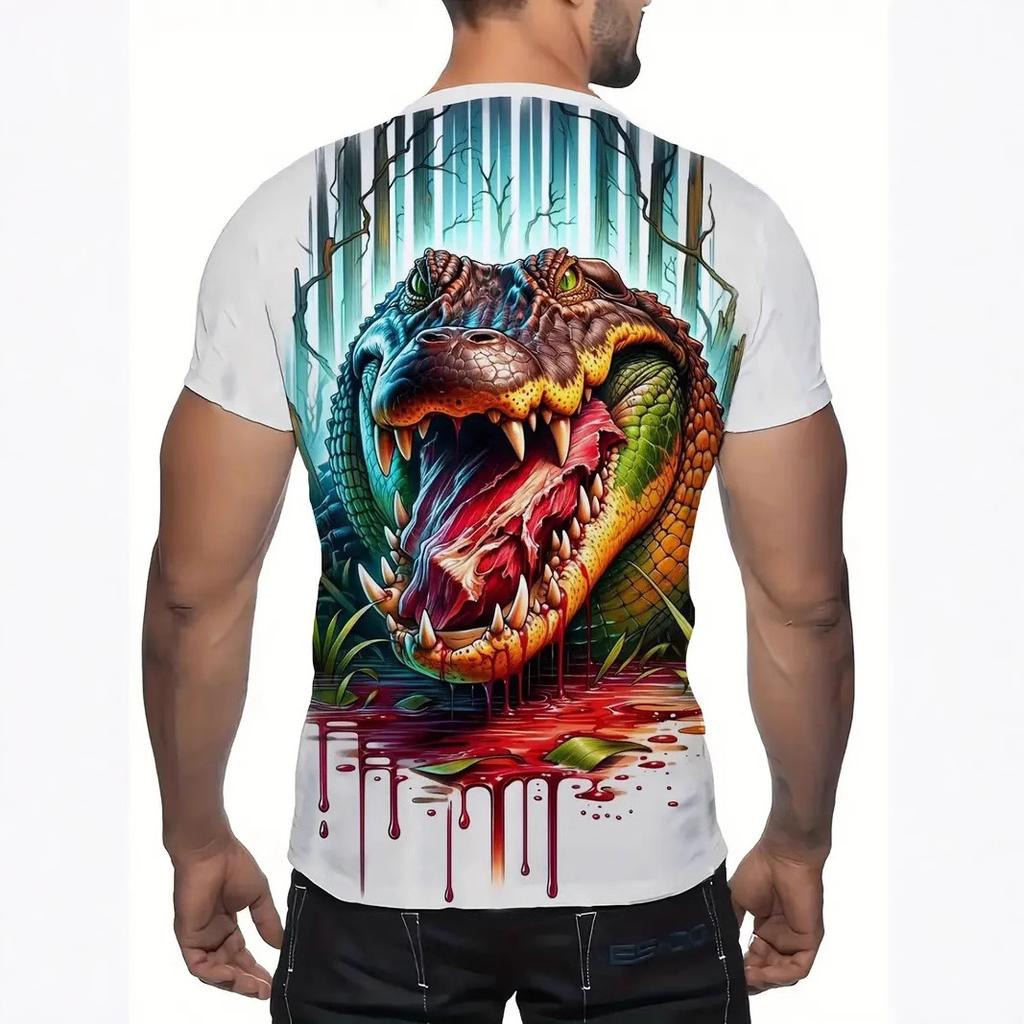 Summer Round Neck 3D Crocodile Print Top Fashionable Casual Personality Terrifying Short Sleeved Men's T-shirts