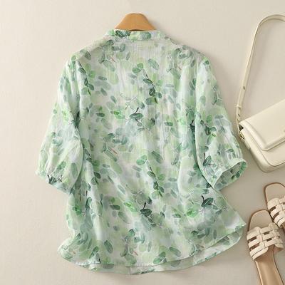 Sommar 2025 högkvalitativ halvöppen tryckt bomulls- och linneskjorta för dam, fräsch femkvartsärm V-ringad pullover