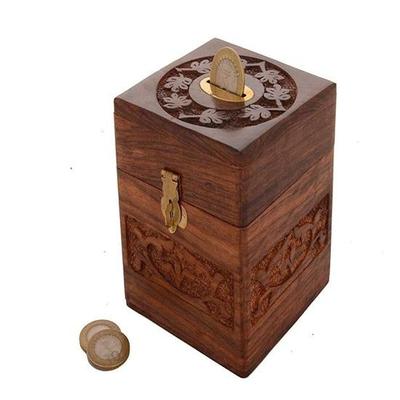10.16 Cm Wooden Money Coin Piggy Bank Cum Multiutility Box for Kids Adults House Wife Grand Parents