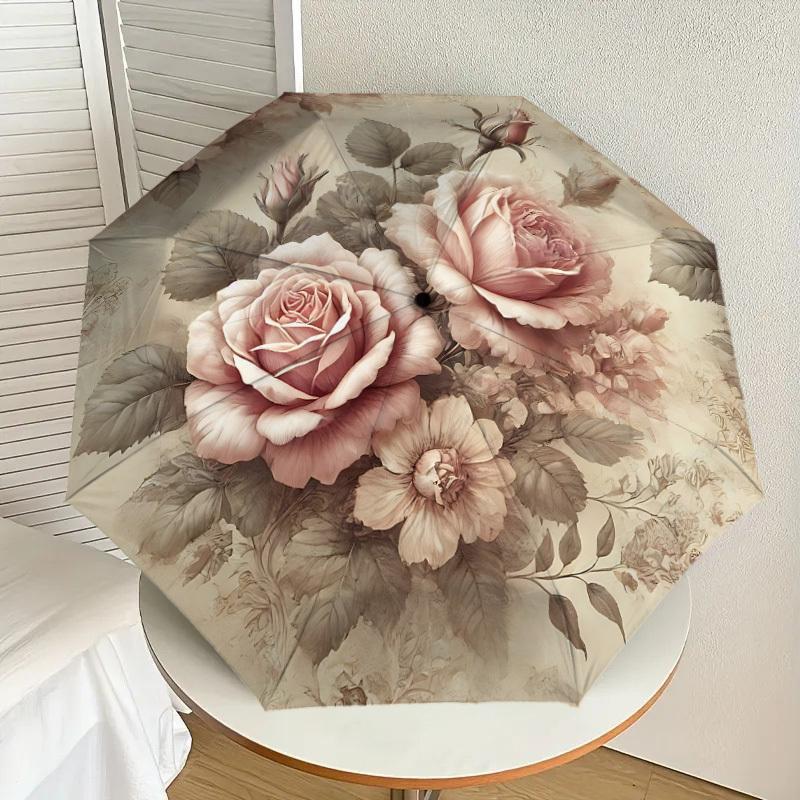 1PC Rose Floral Umbrella-8-Rib Reinforced, Automatic Open, Lightweight & Durable, Cute Fashion Accessory for Outdoor, Beach, or Casual Use, Beach Umbr