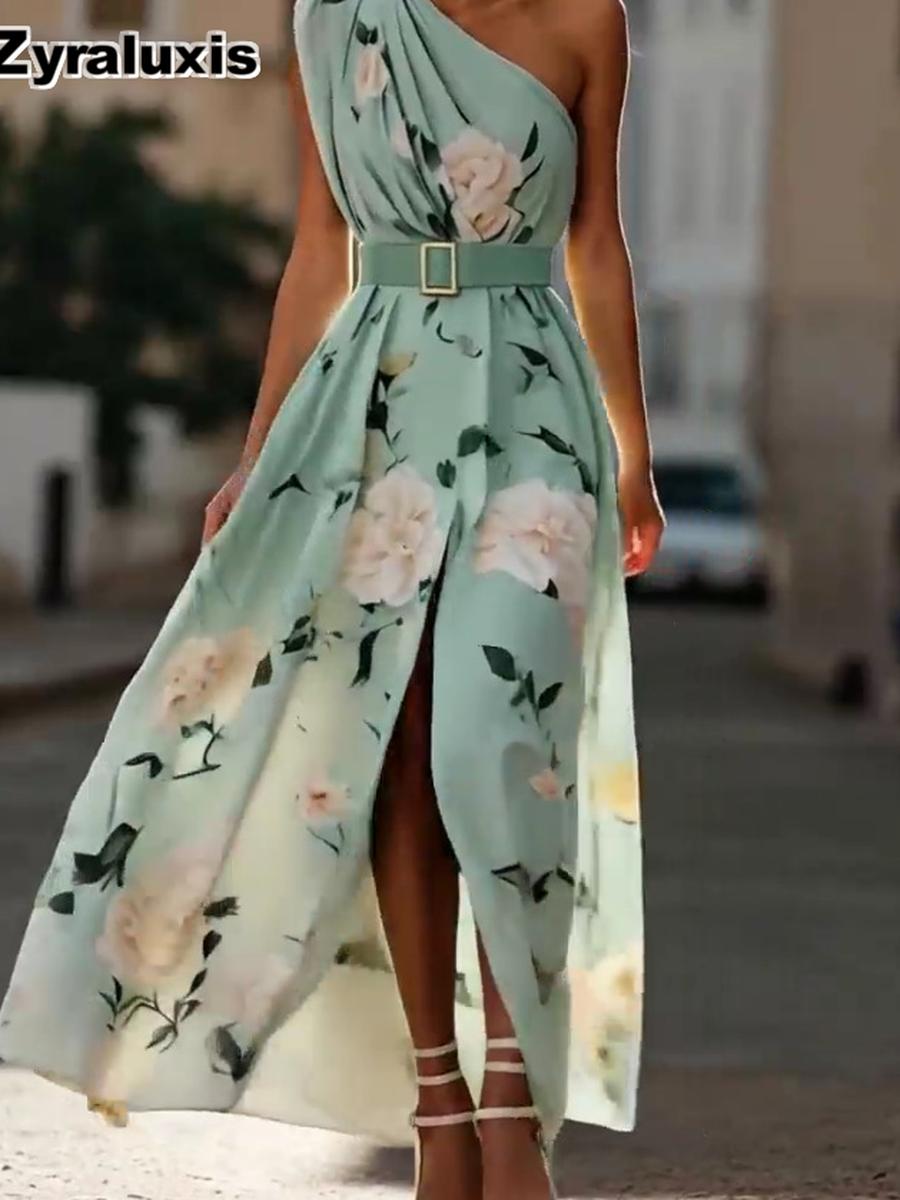 Women s Off-Shoulder Digital Printed Sleeveless Vest Dress with Belt S