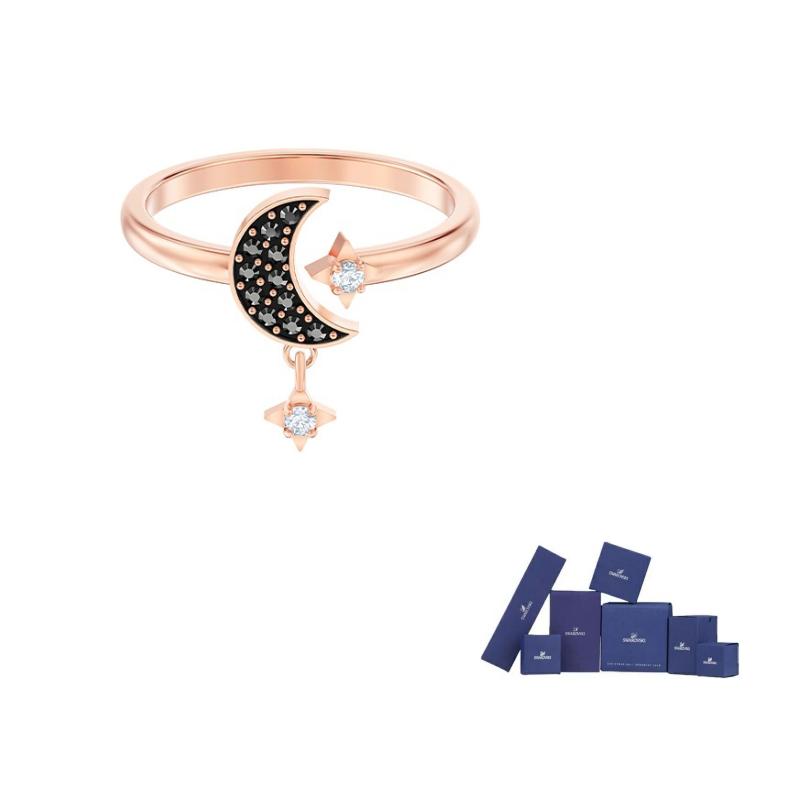 Swarovski Faux Crystal Rings Womens Rose Gold Tone Plated/Black 55-Original brand box