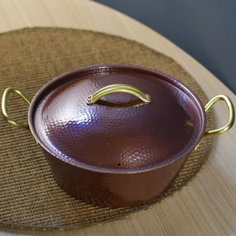 Handcrafted Vintage Copper Pot,Camping Thickened Pot With lid Cooking Utensil Simmering Pasta Stewing,24.5 cm Hammer Texture Pot