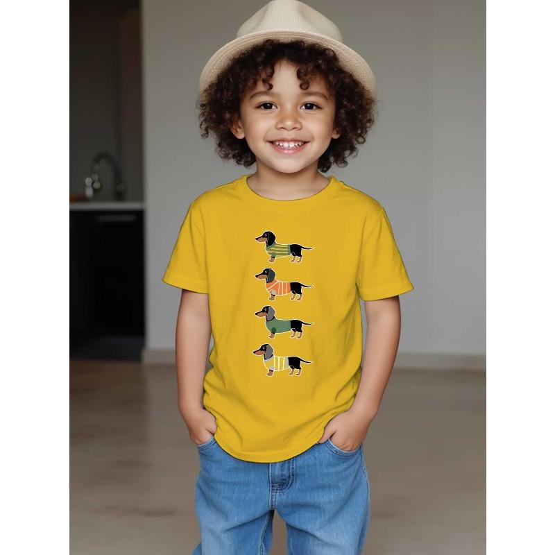 European Size Boys Round-neck Short-sleeved T-shirt with Four Dachshund Pattern Prints