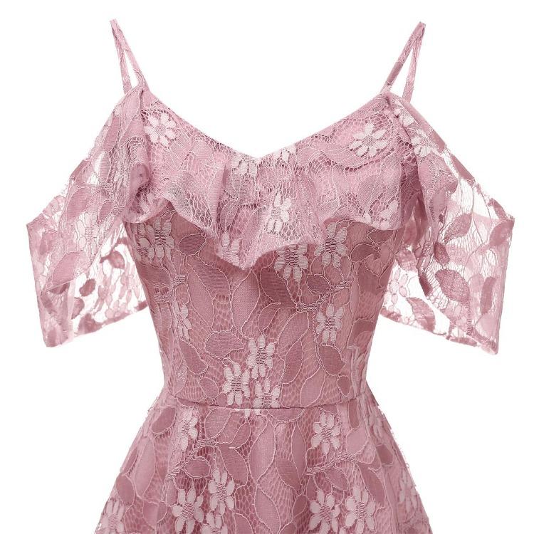 Bright Deer Women Cold Shoulder Bridesmaid Dress Floral Crochet Lace Ruffle Cami Strap Midi Dress for Wedding Evening Formal Party Cocktail Occasions