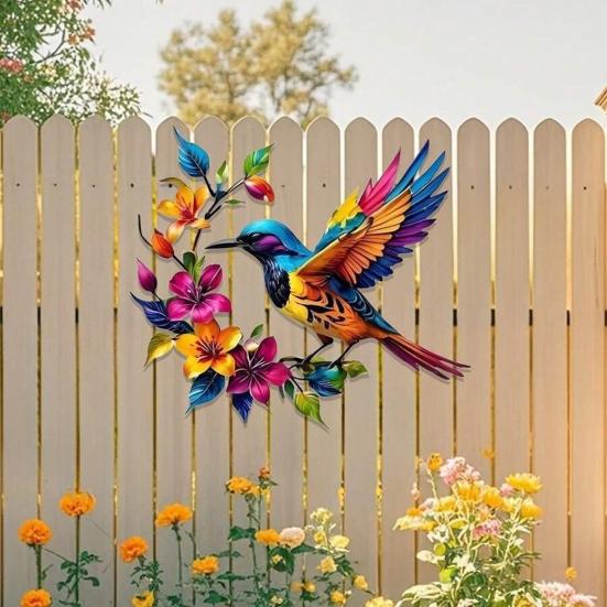 Hummingbird Bloom Metal Wall Art Colorful Floral Bird Wall Decor Iron Hanging Sculpture for Outdoor Indoor Garden Patio Fence Wall Decoration