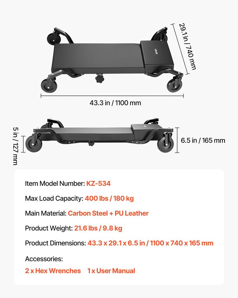 VEVOR 1m Mechanic Creeper with 4 Large Wheels, 180 kg Low Profile Under Car Garage Roller, Rolling Creeper with Raised Headrest