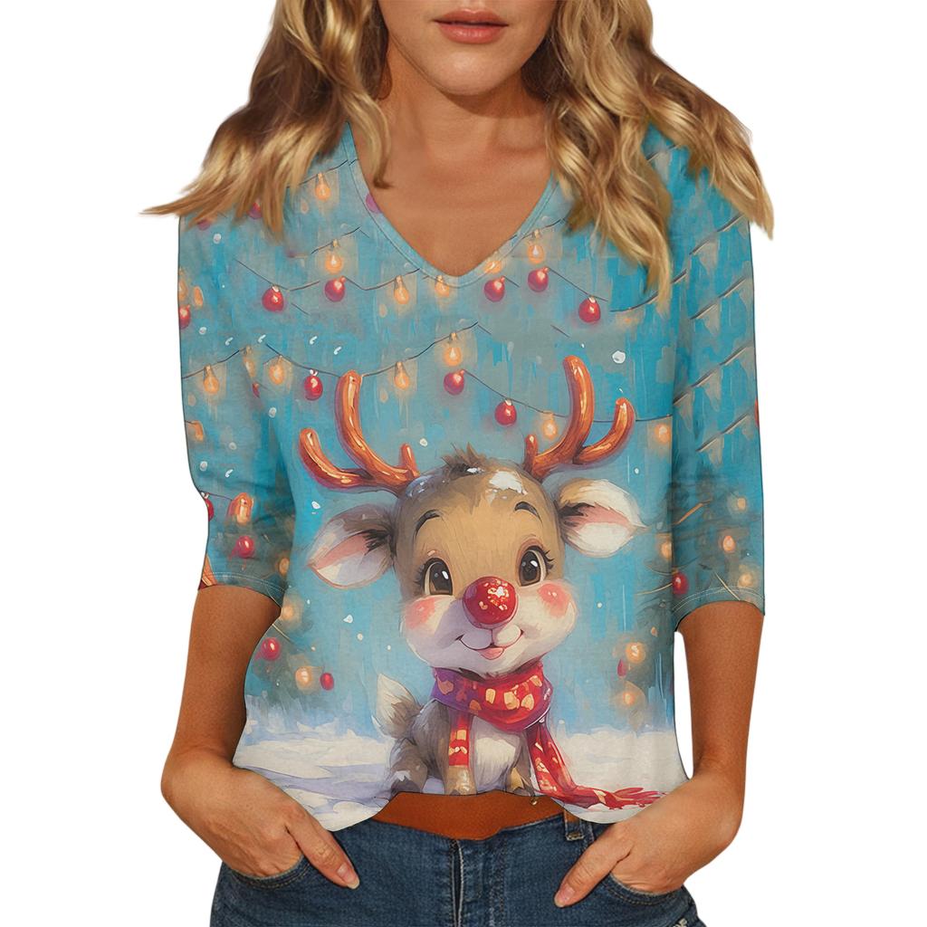 Dámský vánoční potištěný módní ležérní top se sedmiosminovými rukávy a výstřihem do V