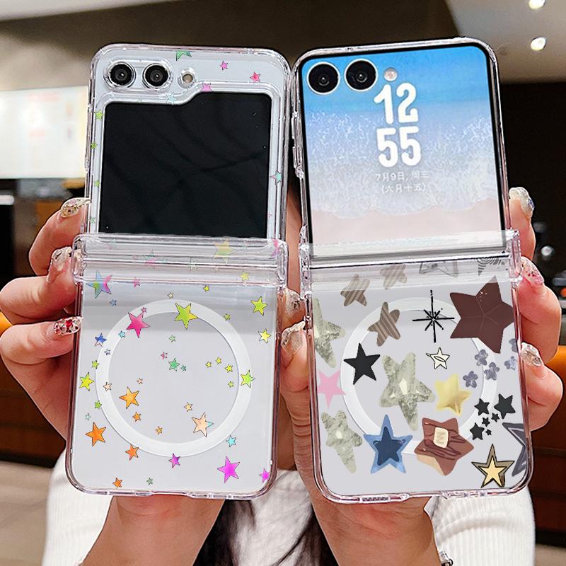 Colorful Stars Print Case For Samsung Galaxy Z Flip 8 7 FE 6 5 Z Flip8 Flip7 Flip6 Magnetic Clear Hard PC Folding Phone Cover