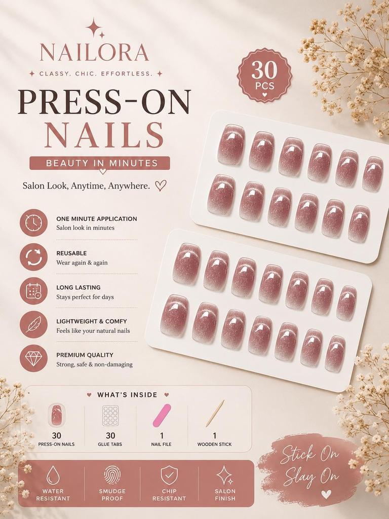Folkdesi 24 Pcs Press On Nails, Short Fake Nails, Artificial Nails for Women Nails Extension Kit with Nail Stickers (Wine Glow)
