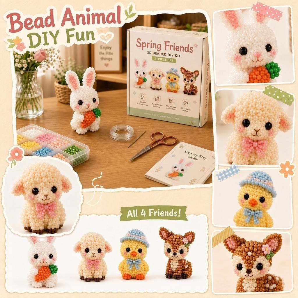 3D Beaded Animal DIY Kit Spring Friends Set Includes Four Animal Figures Beads Wire Scissors and Step-by-Step Guide for Crafting