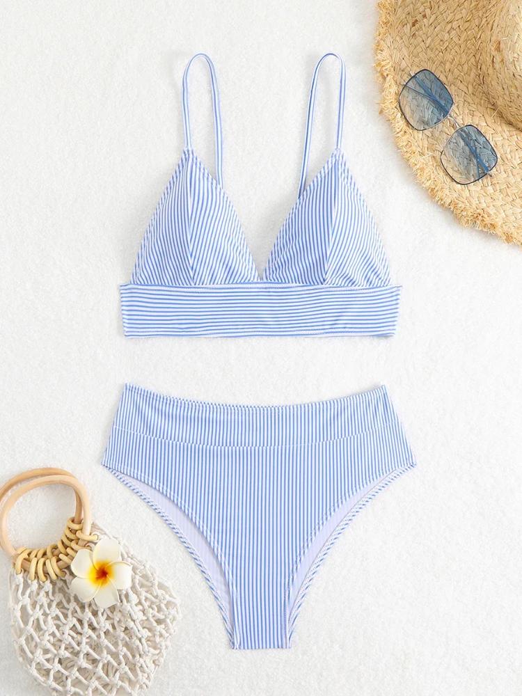 Sexy Striped Ruffle Bikini Swimsuit Women 2025 Two-piece Swimwear High Waisted Bikinis Set Female Bathing Suit Push Up Beachwear