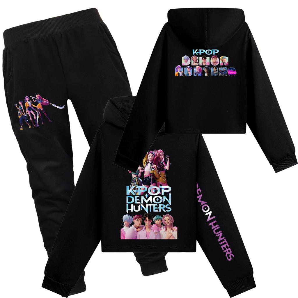 Girls Clothing Sets Kpop Witch Hunt Girls' Half Waist Short Hoodie Single and Double Sleeve Printed Casual Set