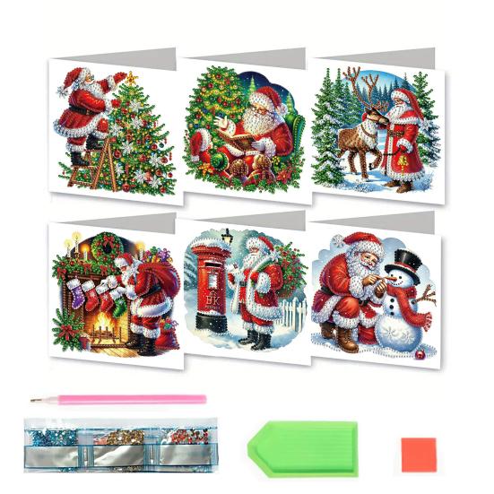 6 Pcs DIY Rhinestone Art Painting Cards Christmas Greeting Card Making Kit with Envelopes 5D Snowman Cat Deer Rhinestone