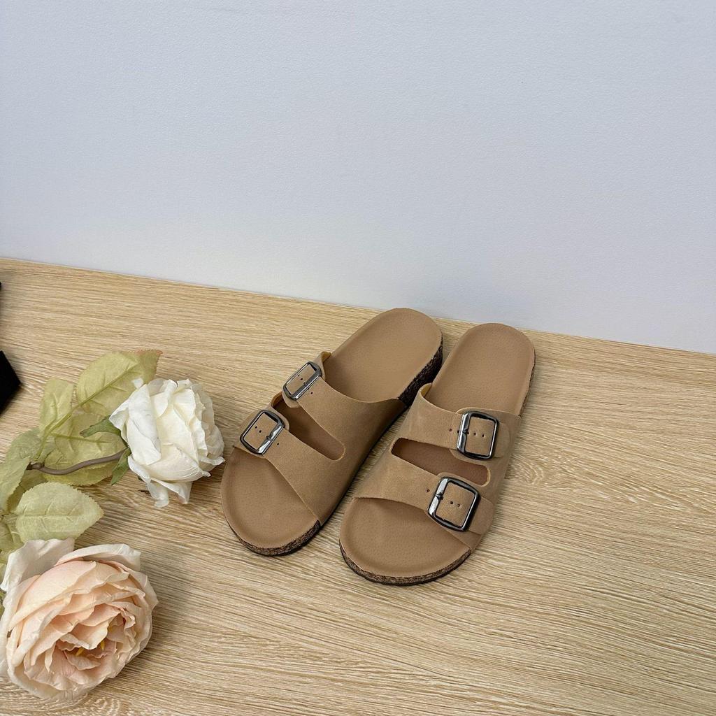 2025 Women's Plus Size Casual Beach Cork Slippers with Double Buckle