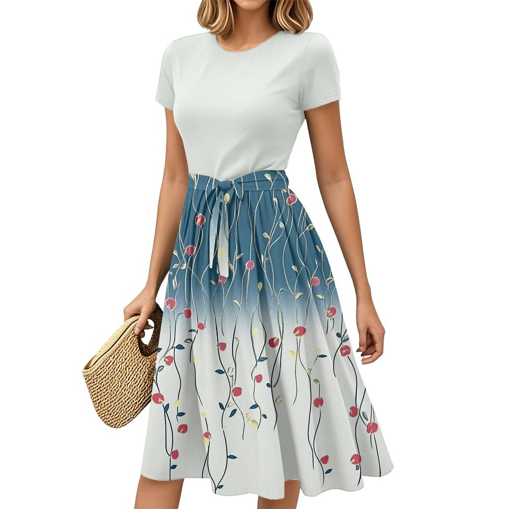 Women's Fashion Casual Belt Short Sleeve Round Neck Geometric Printing Splicing Elegant Temperament Dresses