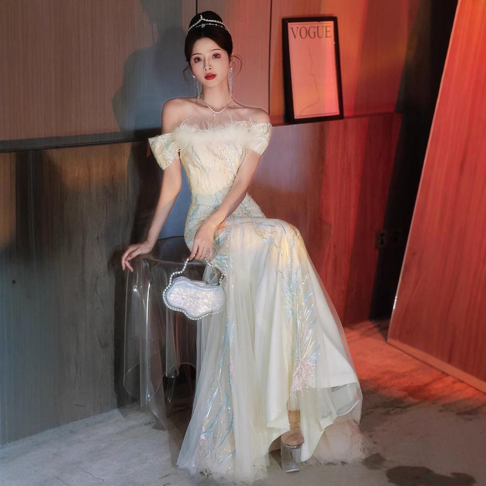 One-word shoulder fishtail evening dress light luxury niche banquet beautiful high sense adult ceremony host dress