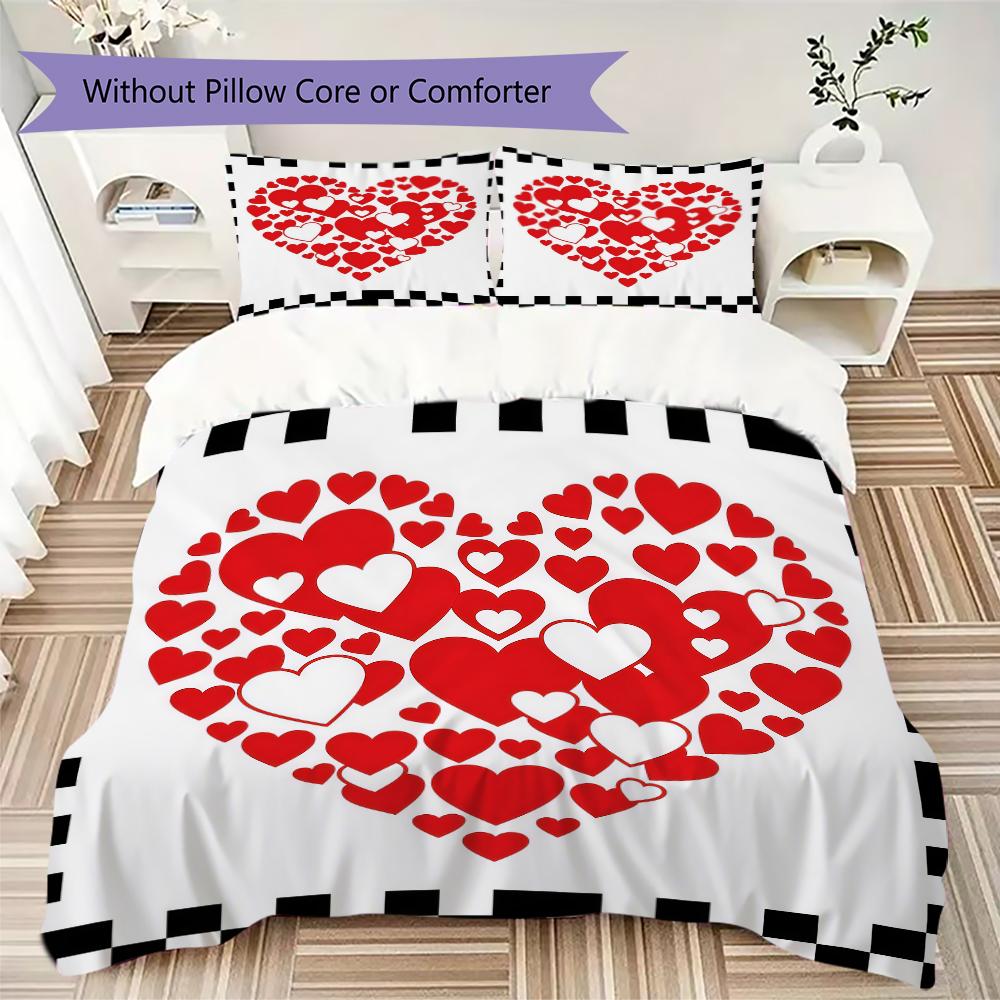Rotes Love-Muster Bettwäsche-Steppdecken-Set Steppdeckenbezug Kissenbezug Heimdekoration Geburtstagsgeschenk (1 * Bettbezug + 2 * Kissenbezug ohne Füllung)