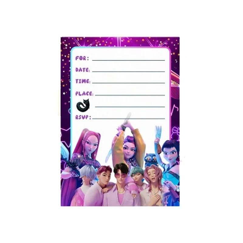 12PCS Kpop Demon Hunters Theme Invitation Cards Single & Double Sided Cute Cartoon Birthday Party Invitation Cards for Kids Fans