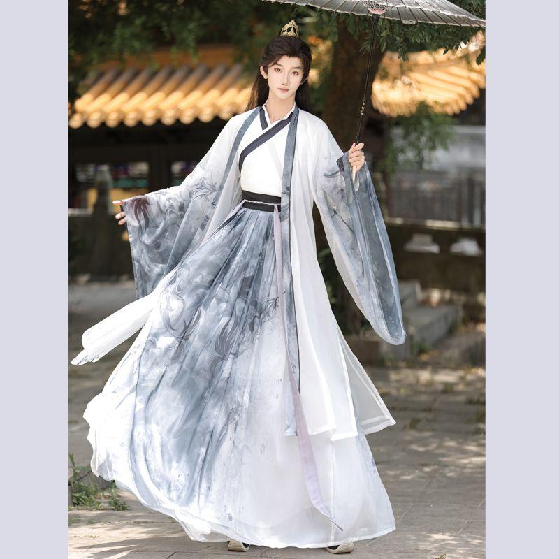 Chinese Wei And Jin Dynasties Style Hanfu Male Calligraphy Black Elegant Knight Martial Arts Suit