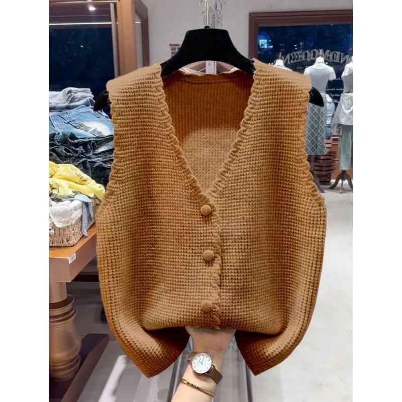 Women Spring V-neck Sleeveless Knitted Vest Fall Solid Color Loose Simple Tops