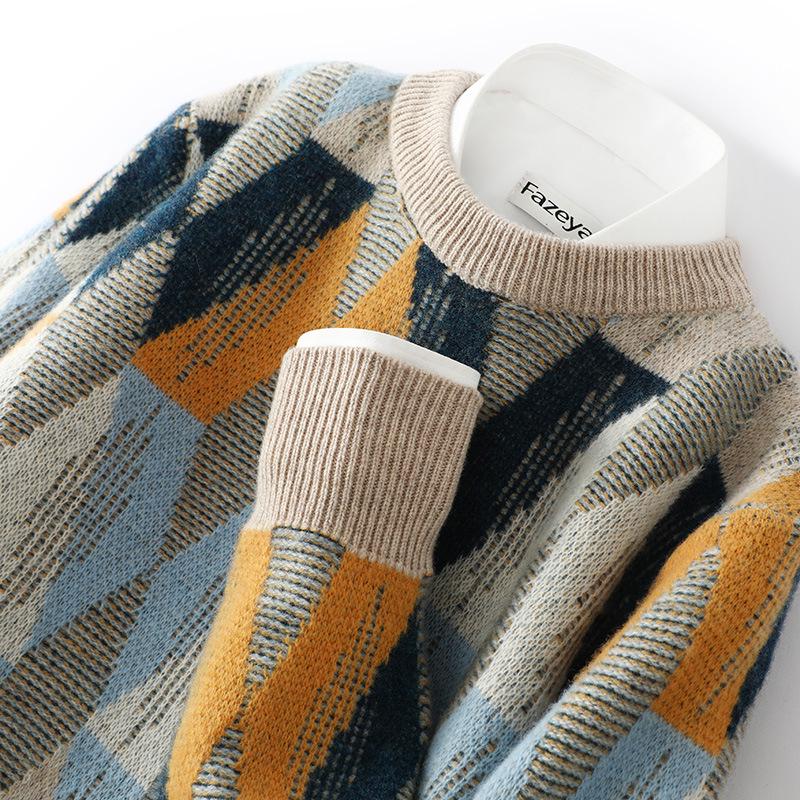 Autumn/Winter 2025 Men s Wool Patchwork Sweater - Thick Color Block Round Neck Knitwear S