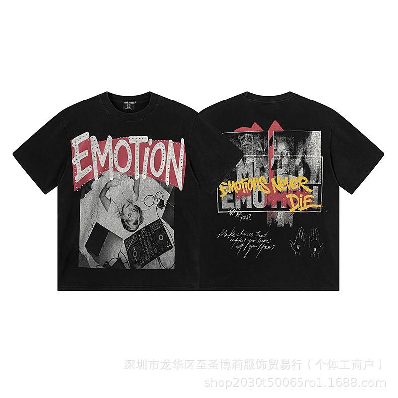 Unisex Vintage American Style Loose Fit Cotton Tee With Embellished Letter Print Round Neck Short Sleeve