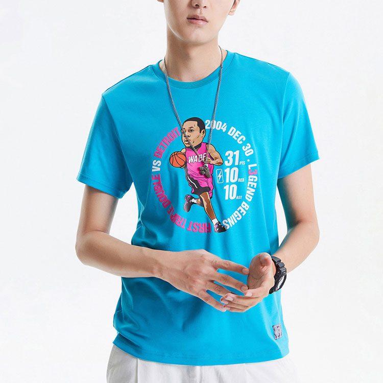 Li Ning Wade Collection T Shirts Men's Blue Crew Neck Moderate Straight Fit AHSQ475-4
