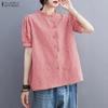ZANZEA Women Casual Round Neck Grid Print Summer Short Sleeve Blouse