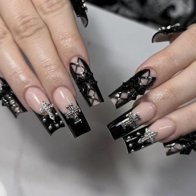 Wear Armor Medium Rectangle Black French Edge Cross Steel Ball and Bow Decoration Removable Fake Nails