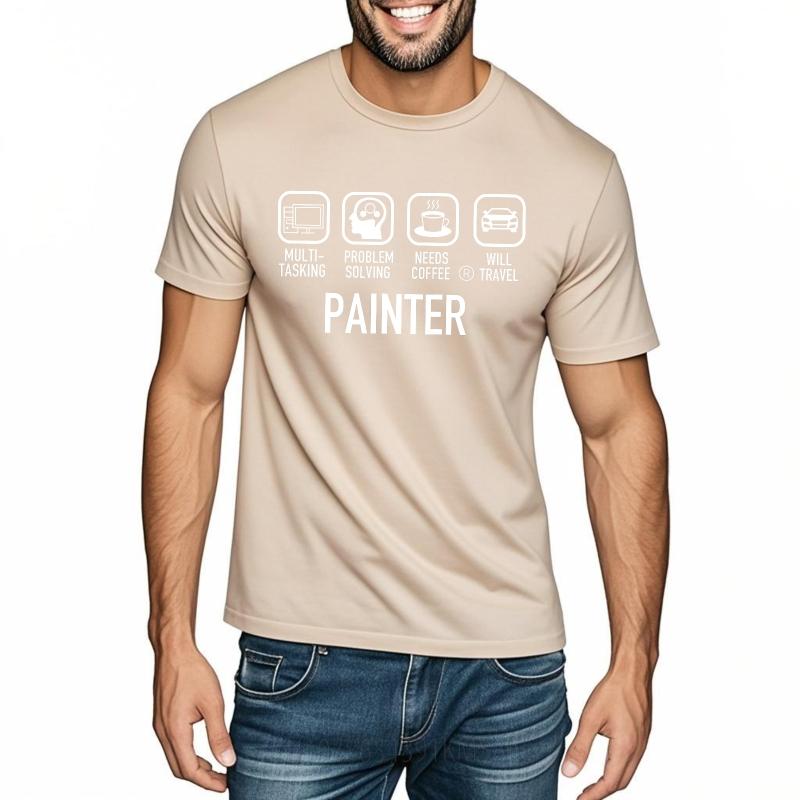 Neu eingetroffen Für ihn Rundhals-T-Shirt Baumwolle Multitasking Problemlösung Braucht Kaffee Wird reisen Maler Alltags Damen Oberteil