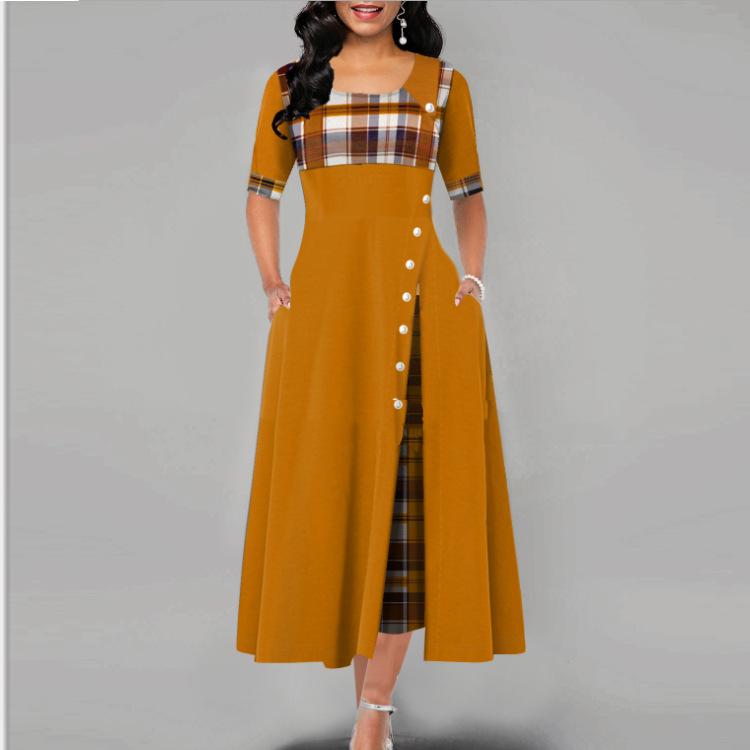Ladies Vintage Button Dress Patchwork A-Line Dress Women Elegant Long Plaid Print Party Dresses