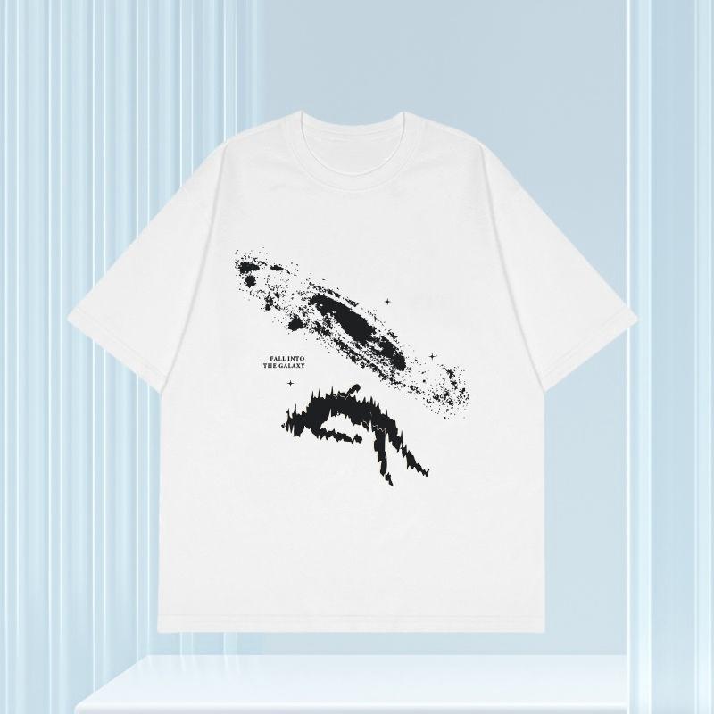 Fallen Space Abstract Design Foundation Versatile Light Luxury Short Sleeved Men's Pure Cotton Summer High Street T-shirt