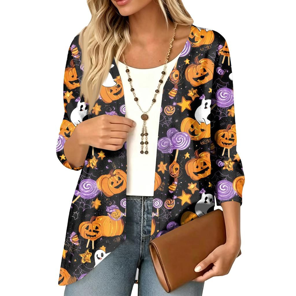 Cardigan décontracté léger ample à manches 3/4 imprimé pour femme pour Halloween