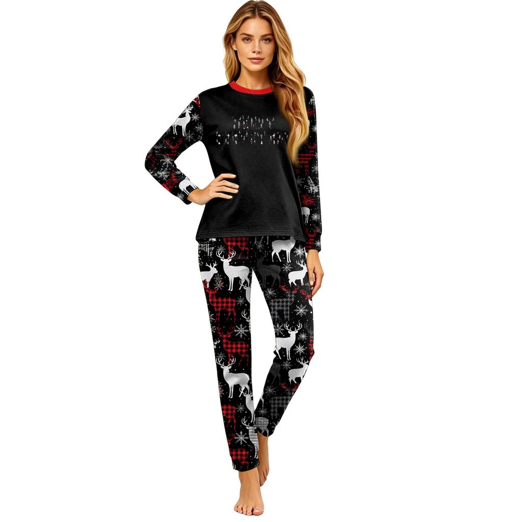 Christmas Print Parent-Child Matching Pajama Set with Neck, Long Sleeves and Pants