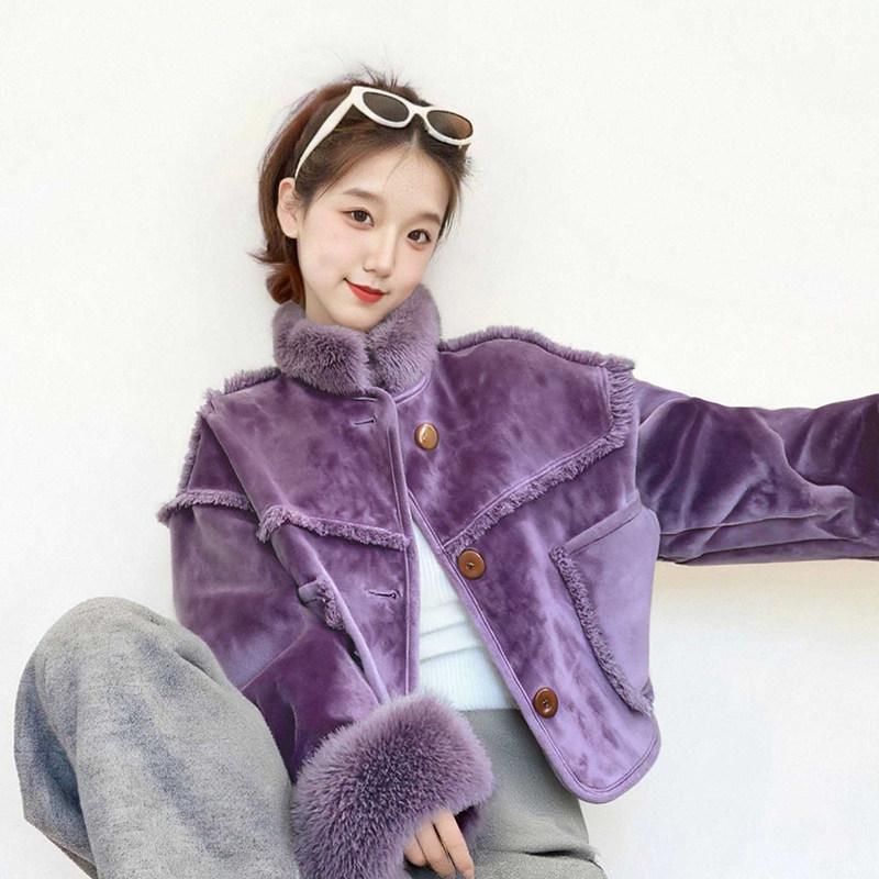 Women's Purple Faux Fox Fur Suede Coat with Stand Collar - Short Winter Leather-Fur Blend, Eco-Friendly