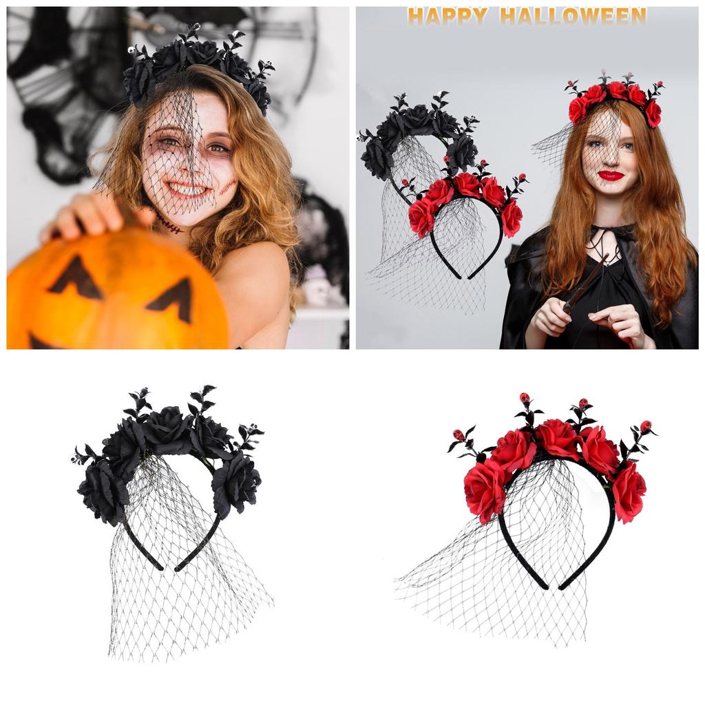 Elegant Rose and Tulle Hair Hoop for Halloween Festivities Adjustable Size Headband Comfortable Hairband Party Ornament