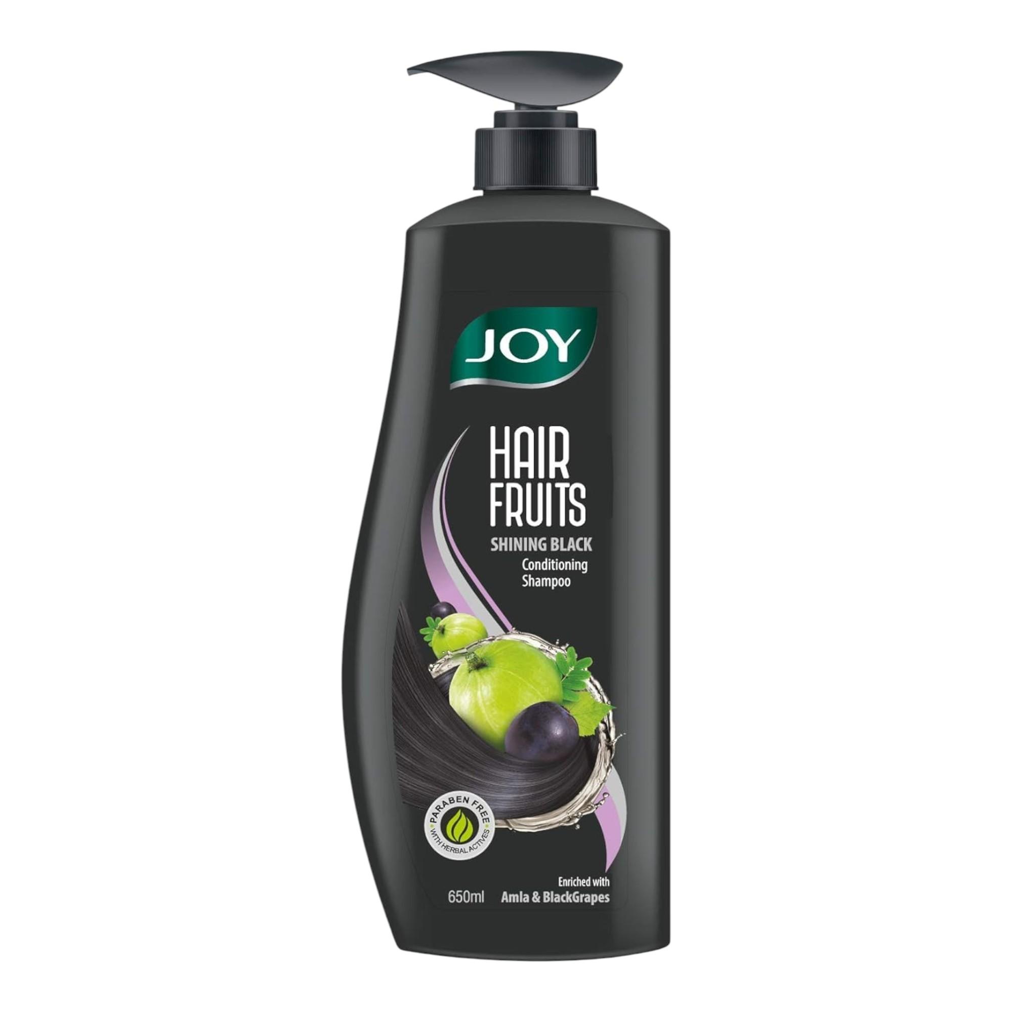 

Joy Hair Fruits Shining Black Conditioning Shampoo with Amla & Black Grapes, 650 ml, Nourishing Hair Care for Glossy Shine