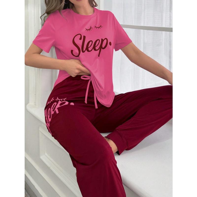 Ensemble pyjama décontracté pour femme - Haut à manches courtes imprimé lettres et pantalon long