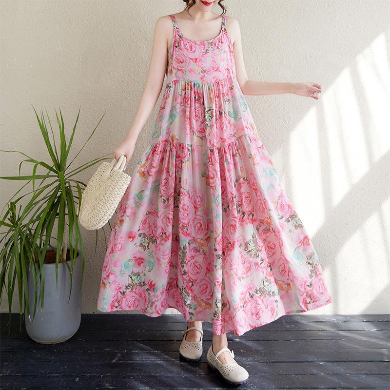 2025 Summer Cotton Linen Printed Long Sling Dress with Patchwork Design