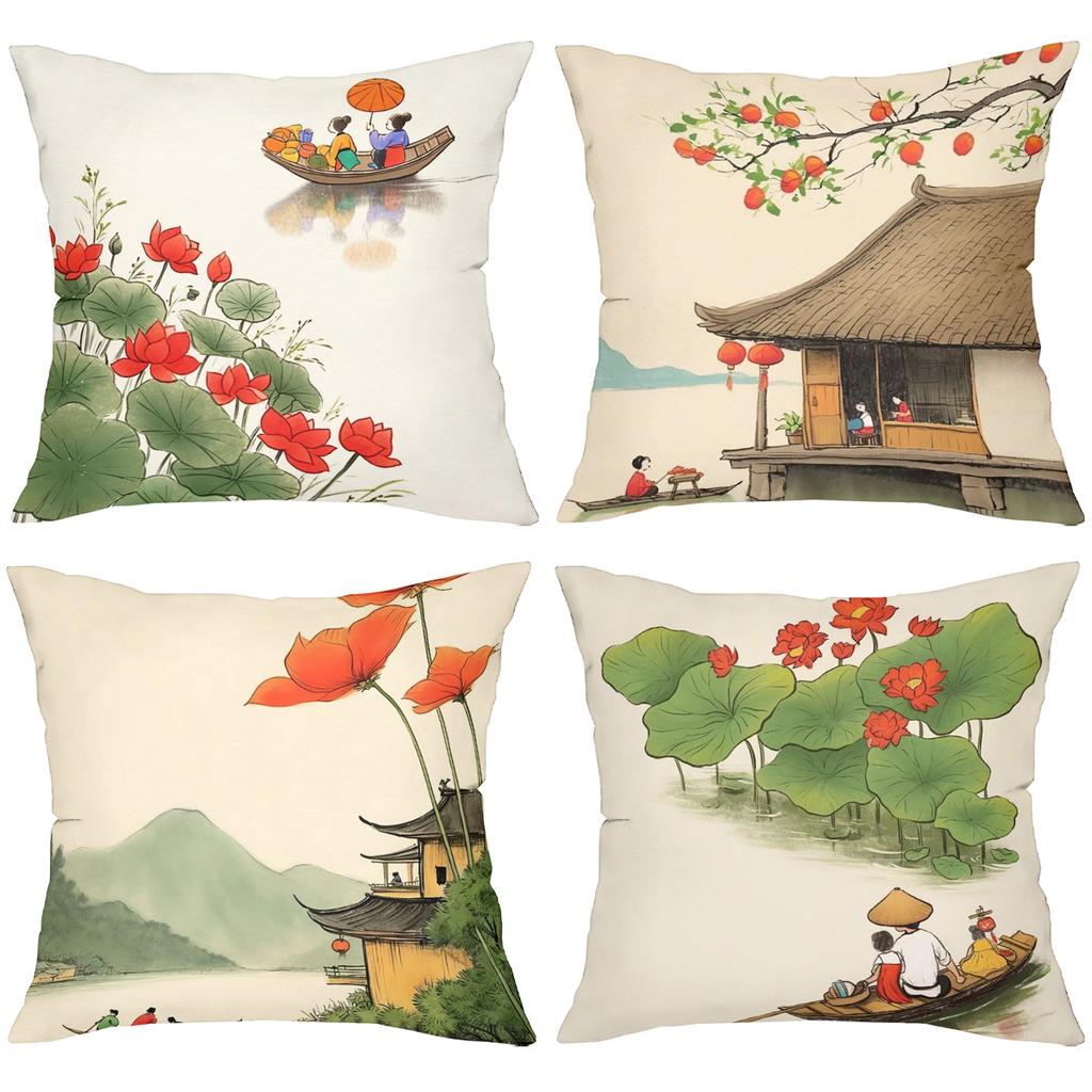 Chinese Style Pillow Covers With Traditional Scenes Polyester Pillowcase, Sofa Decorative Cushion Cov Headboard Pillow