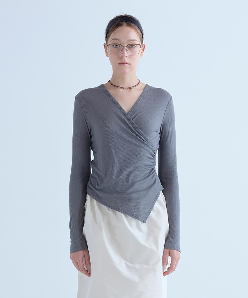 VOYONN V-Neck Wrap T-Shirt Ribbed Gray 0201
