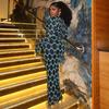 Fashion Women's Clothing Printing Rules Pattern Hip Skirt Slim-fitting Sexy Hollow Long-sleeved New Dress