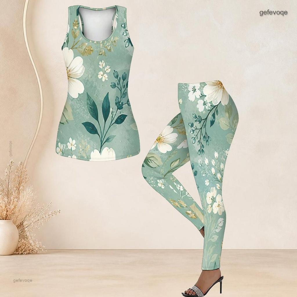 Women Plus Size Two Piece Set Scoop Neck Sleeveless Sage Green Floral Printed Tank Top Fitted Pants
