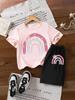 Summer Children's Fun Rainbow Graphic T-Shirt Set Crew Neck Short Sleeves + Elastic Waist Shorts 2PCS Set Casual Girls Clothing