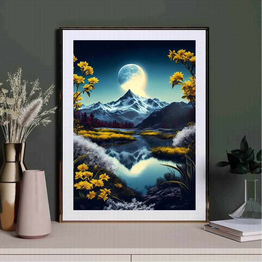Moon Mountain Lake Diamantová maľba Nové príchody Diy Plný Štvorec Okrúhla vŕtačka Vyšívanie štrasom Nočná scenéria Mozaika Súpravy krížového vyšívania Nástenné dekorácie